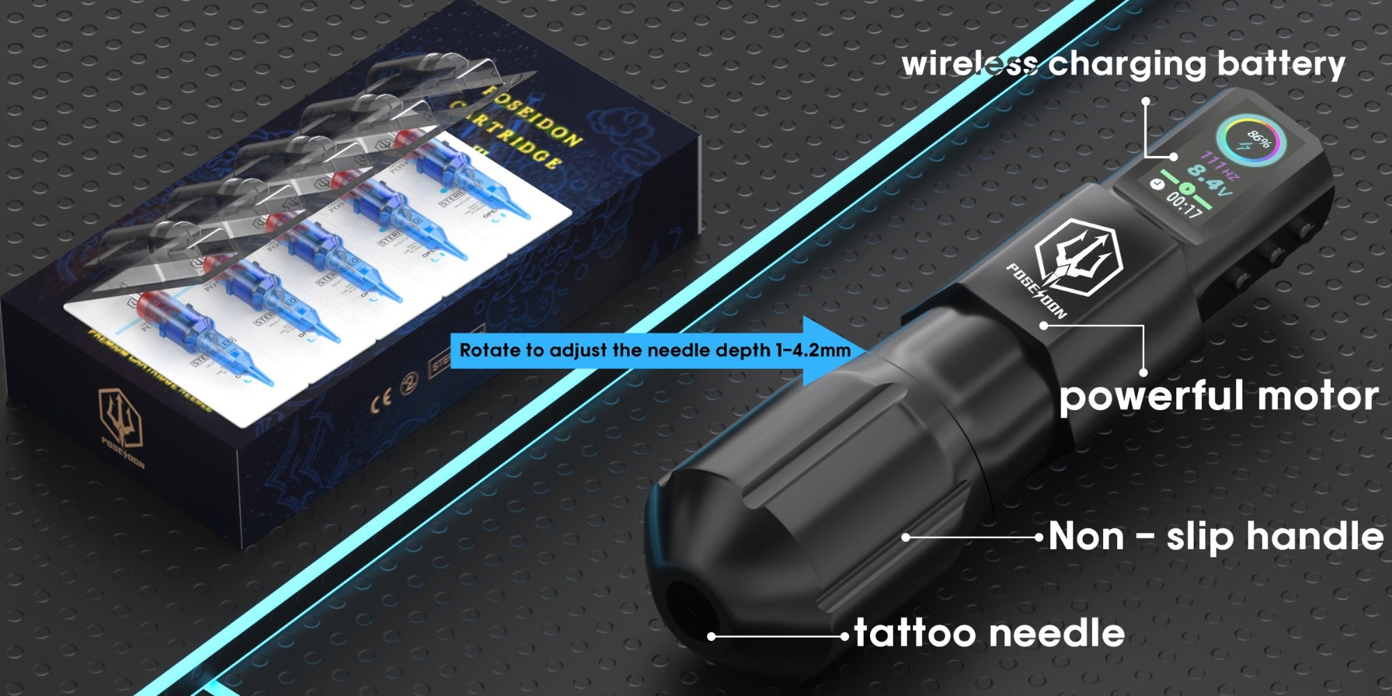 POSEIDON Tattoo Kit, Tattoo Pen Kit, Wireless Rotary Tattoo Gun Kit, LED Color Screen Tattoo Machine Kit with 20pcs Tattoo Cartridge Needles And 11 Tattoo Inks, Tattoo Supplies for Beginners