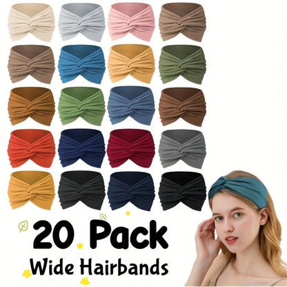 Stretchy Headbands 20pcs Bulk Soft Sweat-Wicking Sports Turban Bandanas for Women Men Non-Slip Elastic Knot Hair Wraps Breathable Solid Colors for Yoga Running Gym Workout Daily Fashion