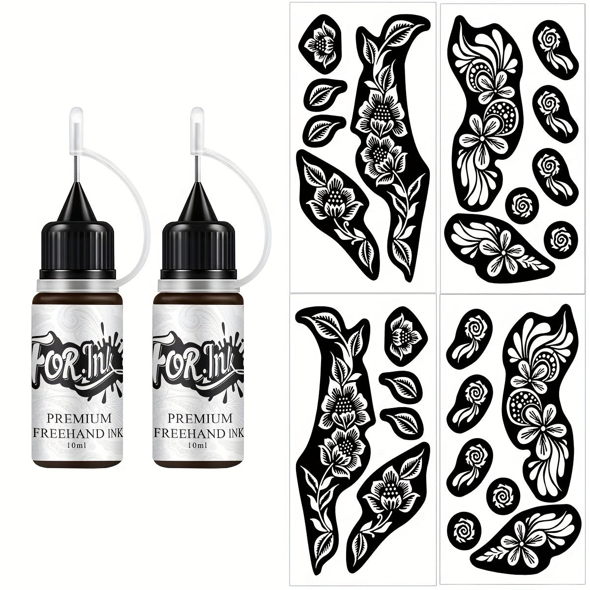 Body Art Tattoo Stencil Kit with Brown Paste Ink & Flash Spray - Hollow Template DIY Freehand Temporary Tattoo Designs 2-Pack SM-16 SM-17