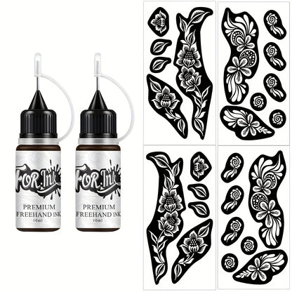 Body Art Tattoo Stencil Kit with Brown Paste Ink & Flash Spray - Hollow Template DIY Freehand Temporary Tattoo Designs 2-Pack SM-16 SM-17