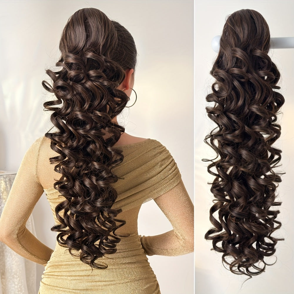 Ponytail Extension Curly 28 Inch Long — Heat Resistant Synthetic Clip In Wrap Around Hairpiece, Voluminous Bouncy Curls for Women Everyday Wear Parties Festivals