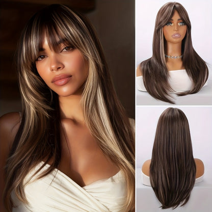 Straight Wig with Bangs for Women — 26 Inch White Ombre Milky Synthetic Wig, Glue Free Ultra Lightweight Breathable, Heat Resistant for Daily Wear Festival Party Cosplay Wedding