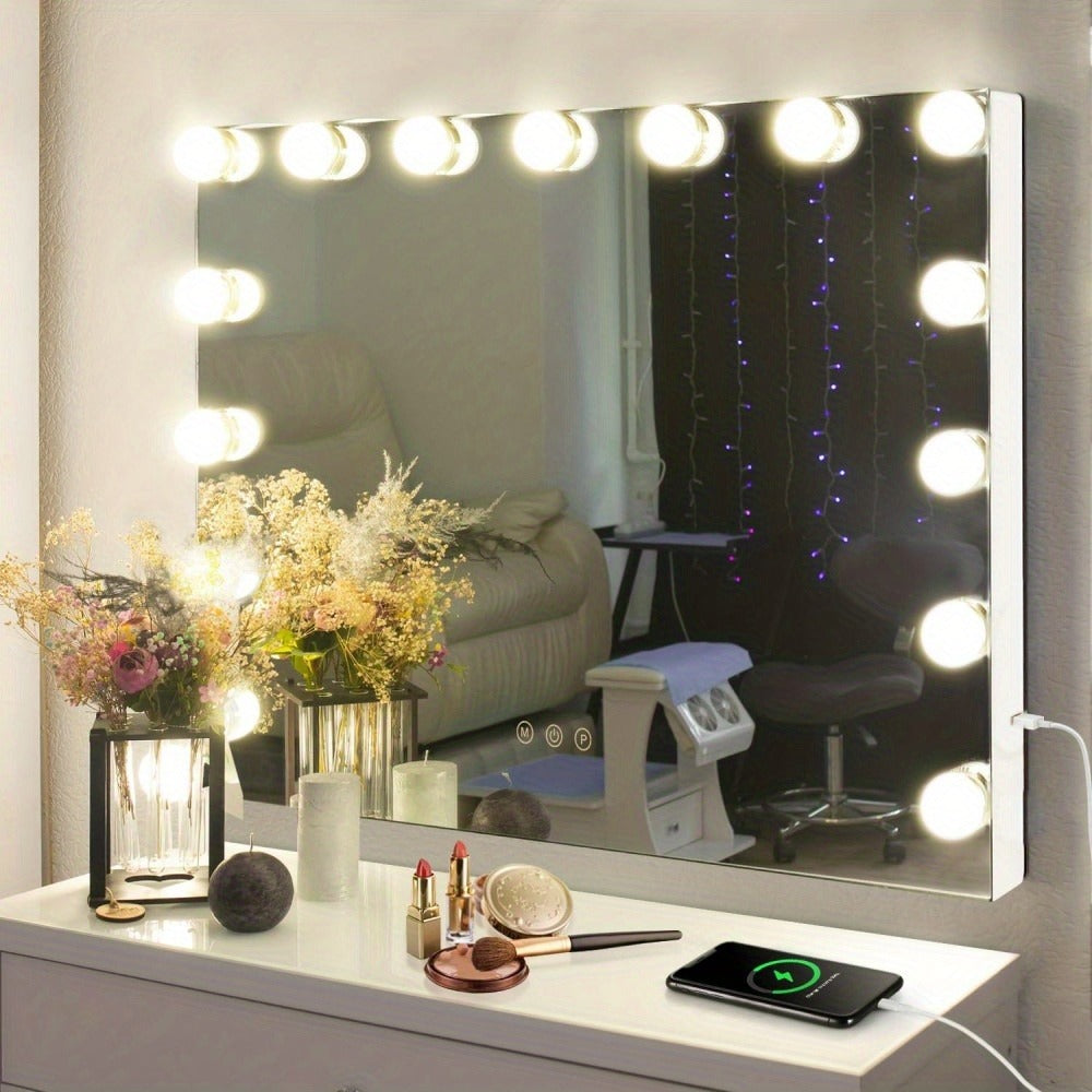 Vanity Makeup Mirror with Lights: Hollywood Mirror with 15LED Bulbs - Large 23"x19" Desk Mirror for Wall, Dimmable 3 Lighting Modes, USB Charger Port, White