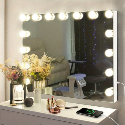Hollywood Vanity Mirror with Lights - 15 LED Bulbs Large 23x19 Inch Makeup Mirror, 3 Color Dimmable Lighting, Wall Mounted or Tabletop, USB Port, Brightness Memory, White