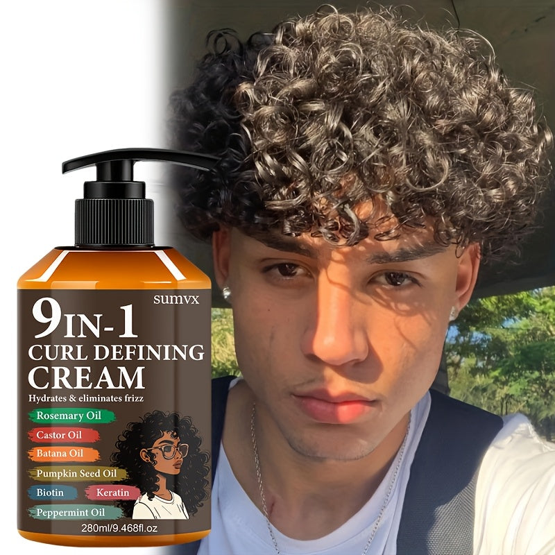 1 Bottle 9-in-1 Curl Defining Cream | Moisturizing, Long-lasting Hold, Frizz Control, Non-greasy, Stylish Bottle Design, Suitable for Normal, Wavy, and Curly Hair, Unisex-Adult
