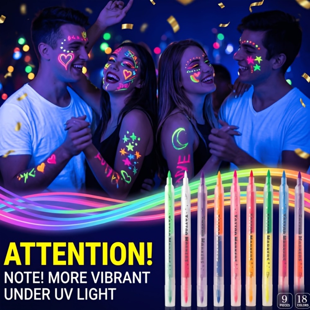 18-Color Face And Body Painting Pens And Reusable Stencil Set - Washable Doodle Makeup Pens, Erasable Glow Pens, This Neon Face Painting Pen for Parties, Commercial Events, Magic Shows, And Special Performances, Glow-In-The-Dark Body Painting