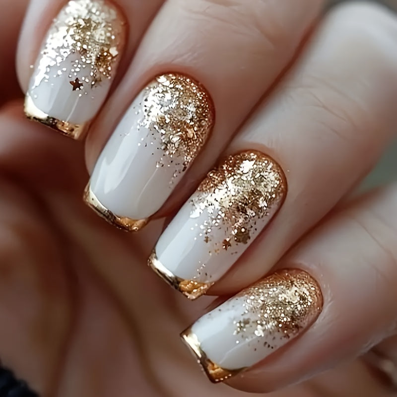 216pcs (9 Boxes) Short Square Summer White French Style Simple Gradient Glitter Heart Soft Gel Press-On Nails Full Cover Fake Nail Set for Women & S