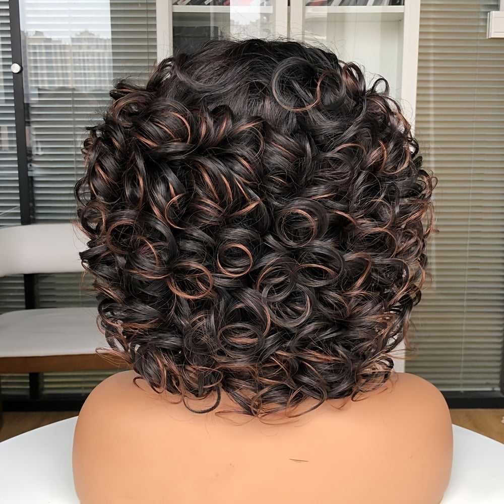 Short Curly Wig with Bangs Jerry Curl Synthetic Lace Front Wig 14 Inch Heat Resistant 13x1 Lace Wig for Women Daily Wear Cosplay Dark Brown Copper Red Dark Wine