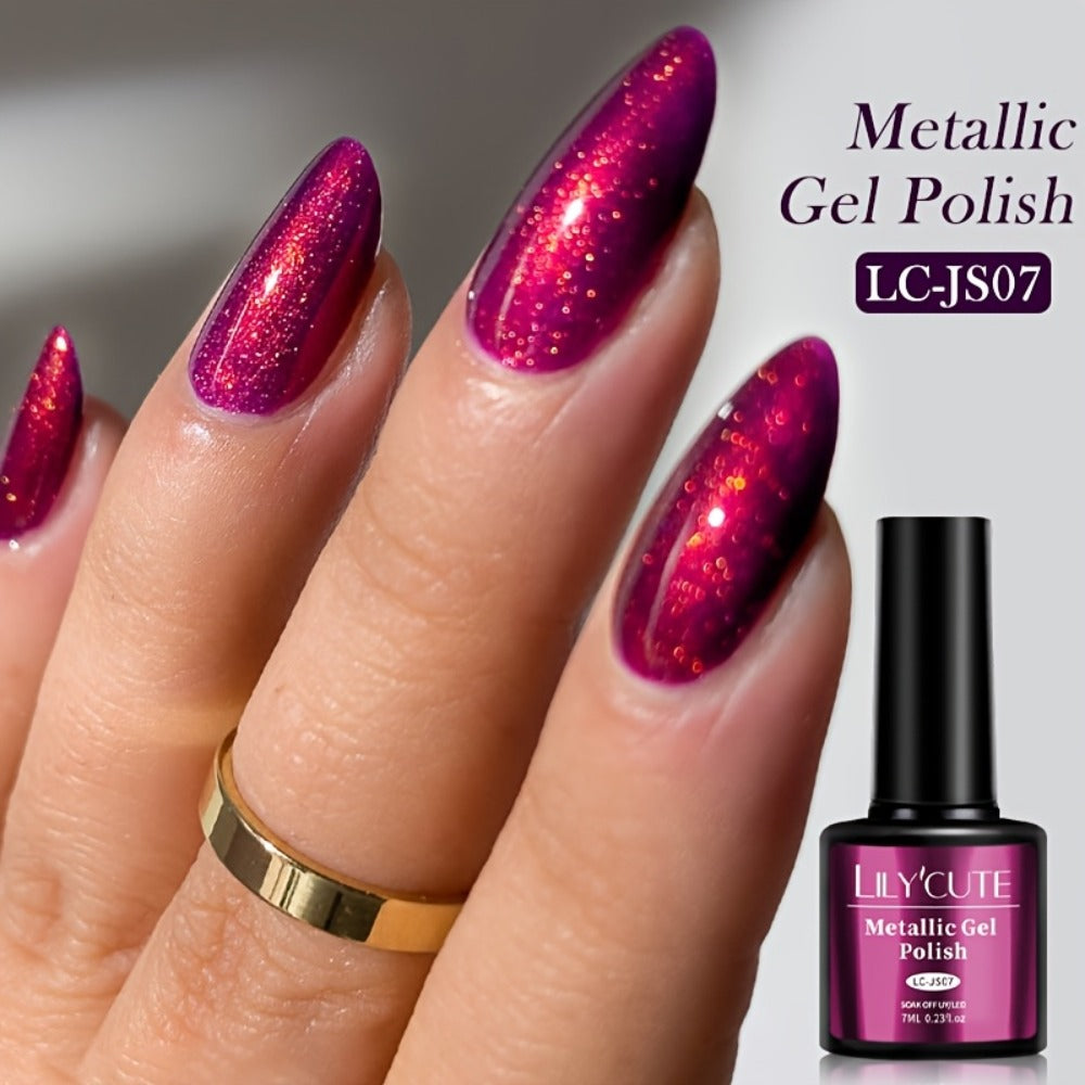 LILYCUTE 0.24oz 6pcs Metallic Gel Nail Polish Soak Off LED Glitter Gel Nail Art Supplies Glittery Red Purple Color Gel Polish Kit