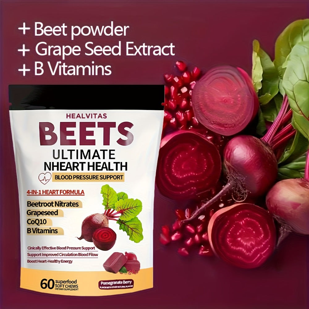 4-in-1 Super Beetroot Beetroot Chewable Gummies Support with CoQ10, Beetroot, Grapeseed, Multivitamins, Blood Pressure & Heart Health, Supplement for Circulation & Blood Flow, 60 Chewable Candies, One Month Supply