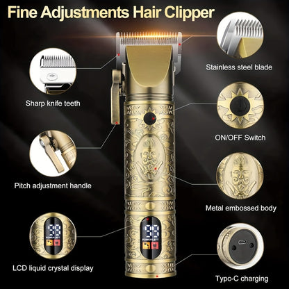 Wireless Hair Clipper & Trimmer Kit for Men — Aqwiopr Cordless Professional Grooming Set, Golden Edition, Rechargeable, Ideal Gift for Men's Grooming