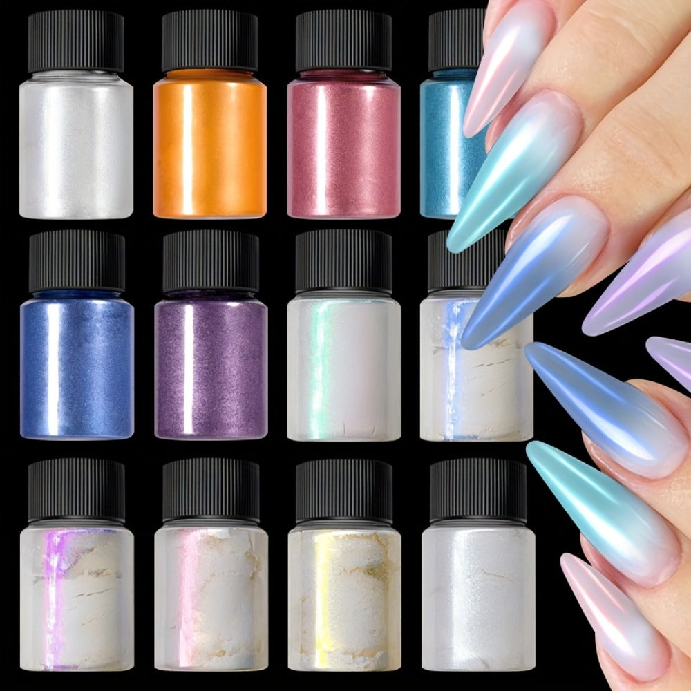 12 Colors Aurora Nail Powder with Pearl Glitter, Neon Dust for Chrome Nail Art, Dipping Powder for Decoration And Nail Charms