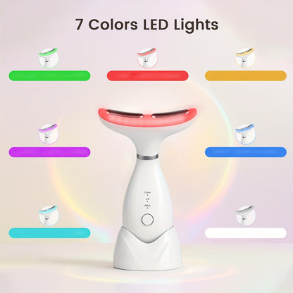LED Neck Massager 7-Color Light Therapy Vibrating Face and Neck Skin Tightening Device USB Rechargeable Portable Electric Facial Massage Tool