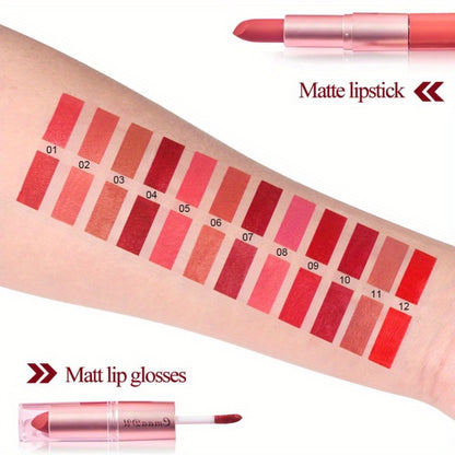 Matte Lipstick Set 4pcs - 2-in-1 Matte Lipstick & Lip Gloss Combo, Long-Lasting Comfortable Wear, Easy to Apply Velvety Lip Color, Perfect Valentine's Day Gift Set for Women