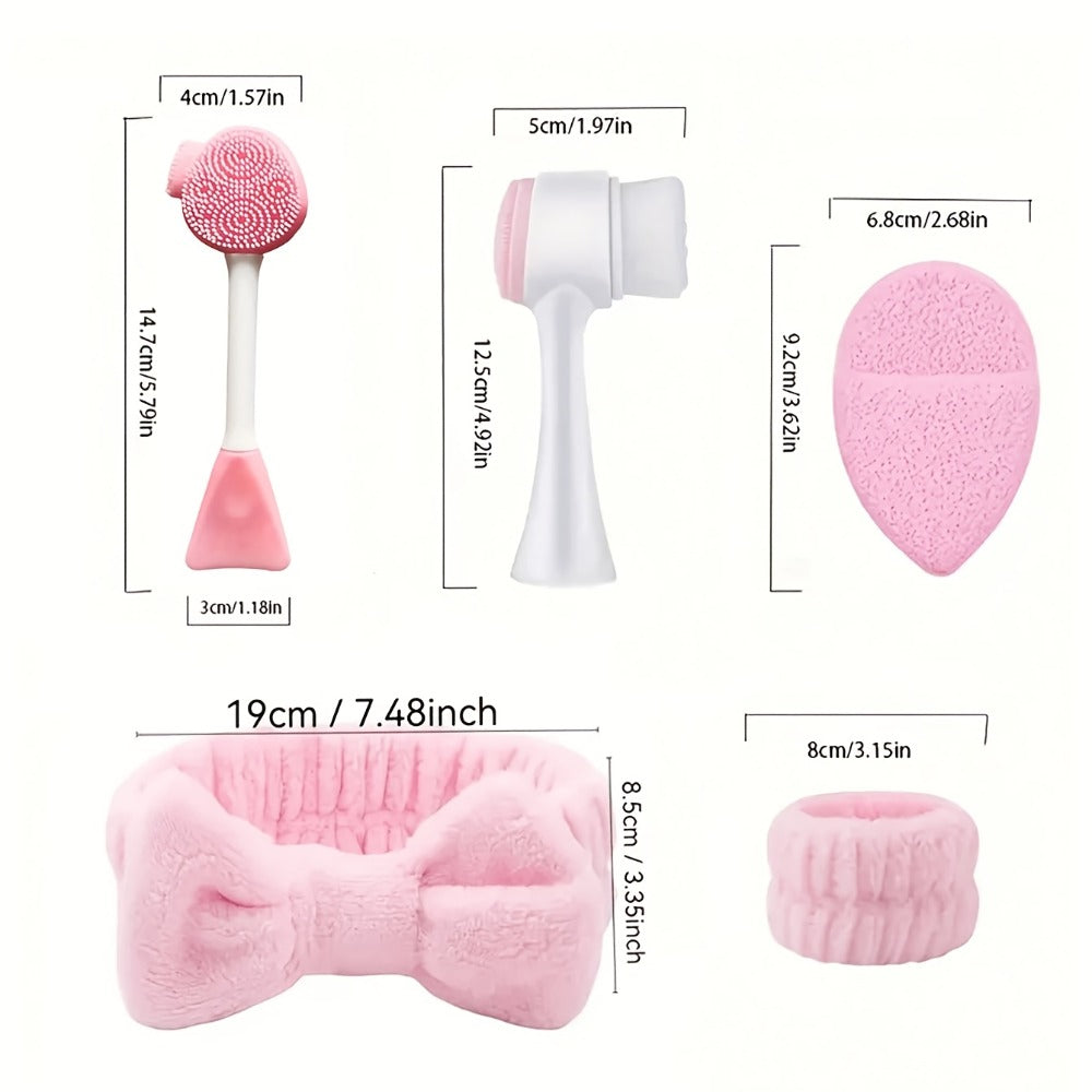 7pcs Facial Cleansing Set, Deep Cleansing Beauty SpaMask Brush Set, Soft Velvet Headband, Hair Tie Set, GentleScrub Brush, Detailing Facial Brush, Portable SkinCare Tool with Wash Bag for Women