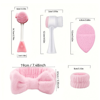 Facial Cleansing Set 7pcs — Deep Cleansing Spa Mask Brush Kit with Velvet Headband, Scrub Brush, Detailing Brush & Wash Bag, Portable Skincare Tool for Women