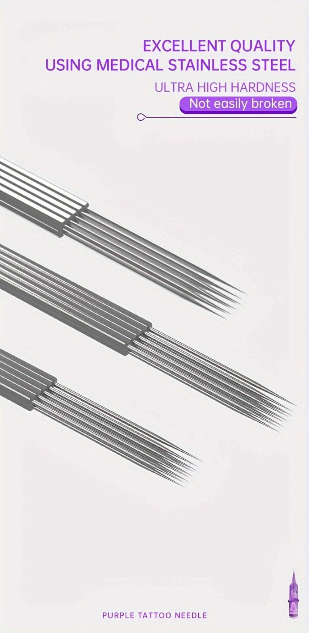 Tuffking Offers Tattoo Cartridge Needles in Packs of 10, 20, 30, 40, Or 50, Featuring Various Sizes. These Purple Liner Needles Are Suitable for Both Professional Tattoo Artists And Novices, Including Standard Round Liners Like RL, RS, RM, And M1