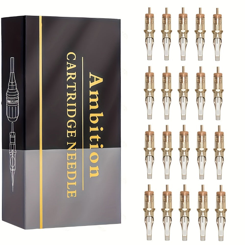 Box of 20 Ambition Tattoo Cartridge Needles in RL/RS/RM/M1 Sizes, Designed for Micropigmentation. These Disposable Needles Are Sterilized for Safe Use with Tattoo Machines