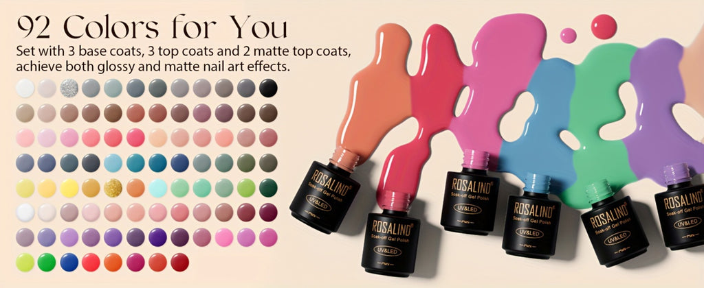 ROSALIND 100pcs Gel Nail Polish Set-92pcs Colorful Soak Off Gel Polsih with 8 Bottle Gel Base Top Coat Matt Top Coat Gel Nail Polish for All Season Nail Art Salon Gift Or Home