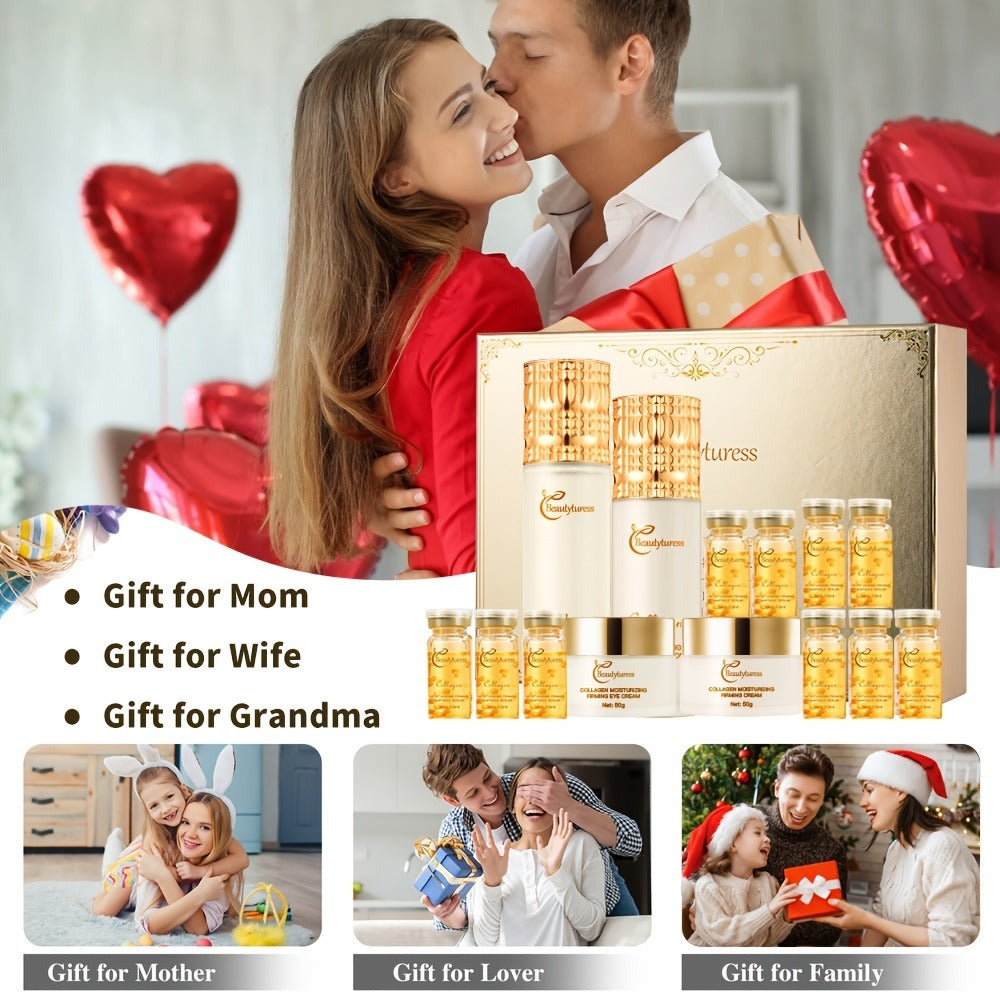 A Luxurious 14-Item Collagen Skincare Collection for Women, Designed to Hydrate And Firm The Skin with Sodium Hyaluronate And Niacinamide. It Offers Deep Moisture And Brightening Effects, And Comes in a Perfect Gift Box That Includes a Face Toner