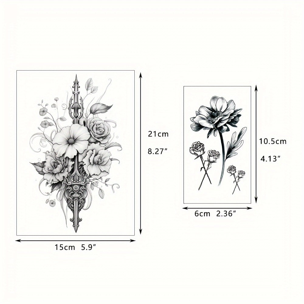 Temporary Tattoos for Women 44-Pack | Realistic Floral Butterfly Snake Half Arm Body Art Stickers | Large & Small Sheets Long-Lasting Fake Tattoo | Waterproof Black Flower Tattoo Design Set