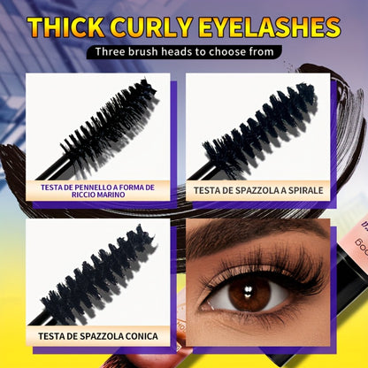 Waterproof Mascara Set 3pcs — Lengthening Volumizing Curling Mascara with 3 Brush Heads (Sea Urchin, Spiral, Conical), Long-Lasting Sweatproof Humidity-Resistant Eye Makeup