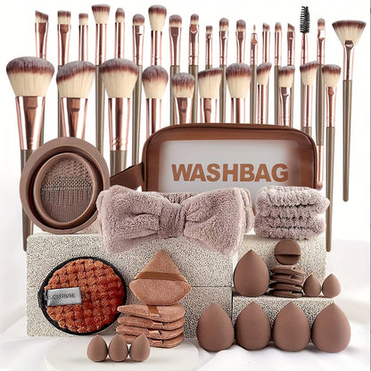 Makeup Brush Set 56Pcs Professional Complete Kit Soft Polyester Bristles Wood Handle Foundation Blush Contour Eye Shadow Powder Brushes for Beginners & Pros Beige Pink Brown