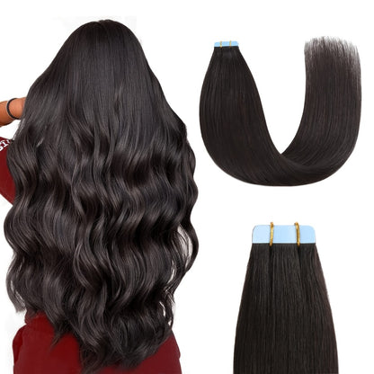 Tape In Hair Extensions Human Hair Straight Natural Black 1B Seamless Skin Weft 10pcs 30g Per Pack 16-24 Inch Women Invisible Blend Volume Length