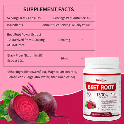 Beet Root Capsules 1300mg High Strength — Natural Nitric Oxide Supplement for Blood Flow, Circulation & Energy | Plant-Based Vegetarian Formula | Digestive Support | 90 Capsules