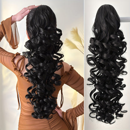 Ponytail Extension Curly 28 Inch Long — Heat Resistant Synthetic Clip In Wrap Around Hairpiece, Voluminous Bouncy Curls for Women Everyday Wear Parties Festivals