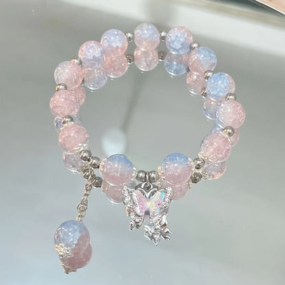 Press On Nails 96 Pieces 4 Packs + 4 Bracelets - Long Ballerina Fake Nails Blue Gradient 3D Flower Butterfly Rhinestone | Glossy Sparkling Full Cover False Nails & Beads Bangle Set for Women Girls