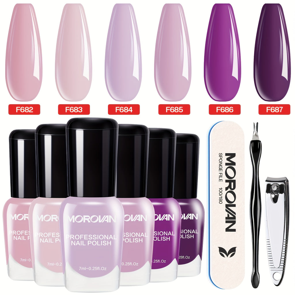 Morovan 6pcs Nail Polish Set, No Bake Quick Drying Durable Nail Polish, Suitable for Salon DIY, Lilac Purple Nude Pink Quick Dry Nail Polish Kit, Durable Nail And Toenail Polish for Women And.
