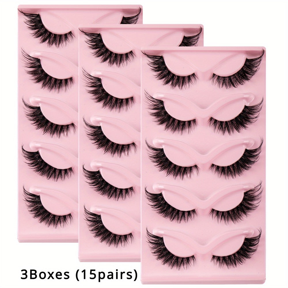 3Boxes(15pairs) Cat Eye Eyelashes 3D Natural False Lashes Fluffy Soft Cross Clear Band Lashes Manga Lashes Wispy Eyelash Makeup