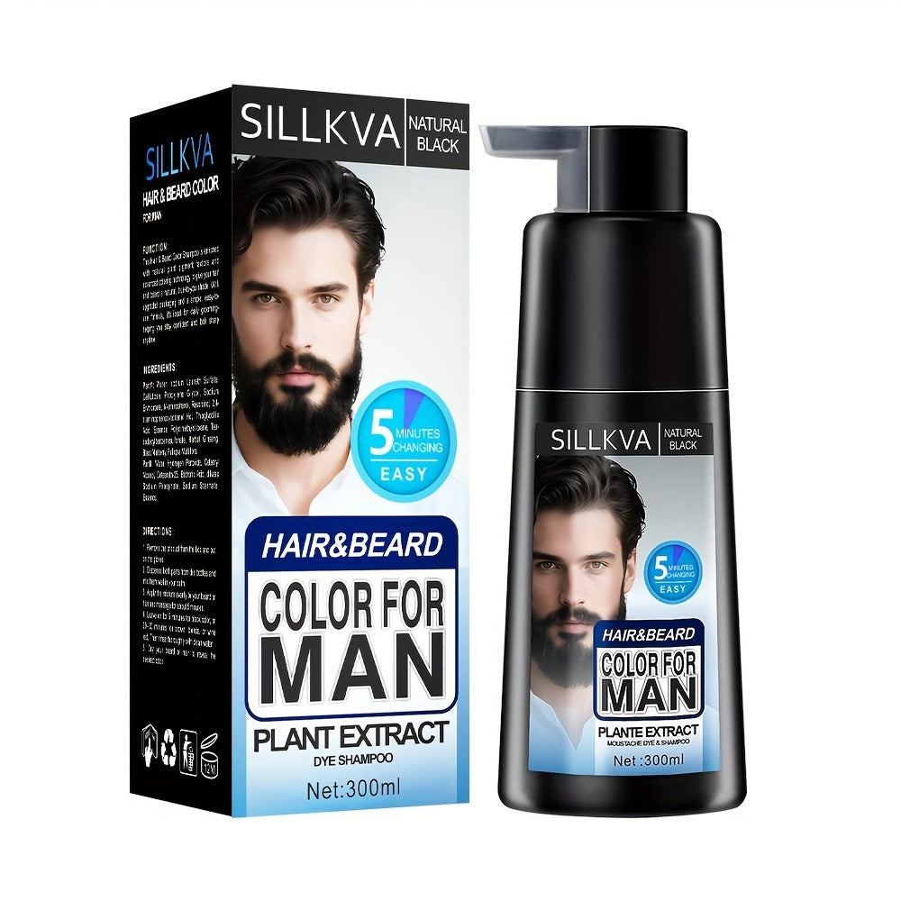 10oz Men's Black Hair & Beard Dye Shampoo, 3-in-1 Quick Coloring, Long-Lasting Natural Effect, Ammonia-Free, 8-Minute Easy Gray Coverage for A Youthful And Stylish Look
