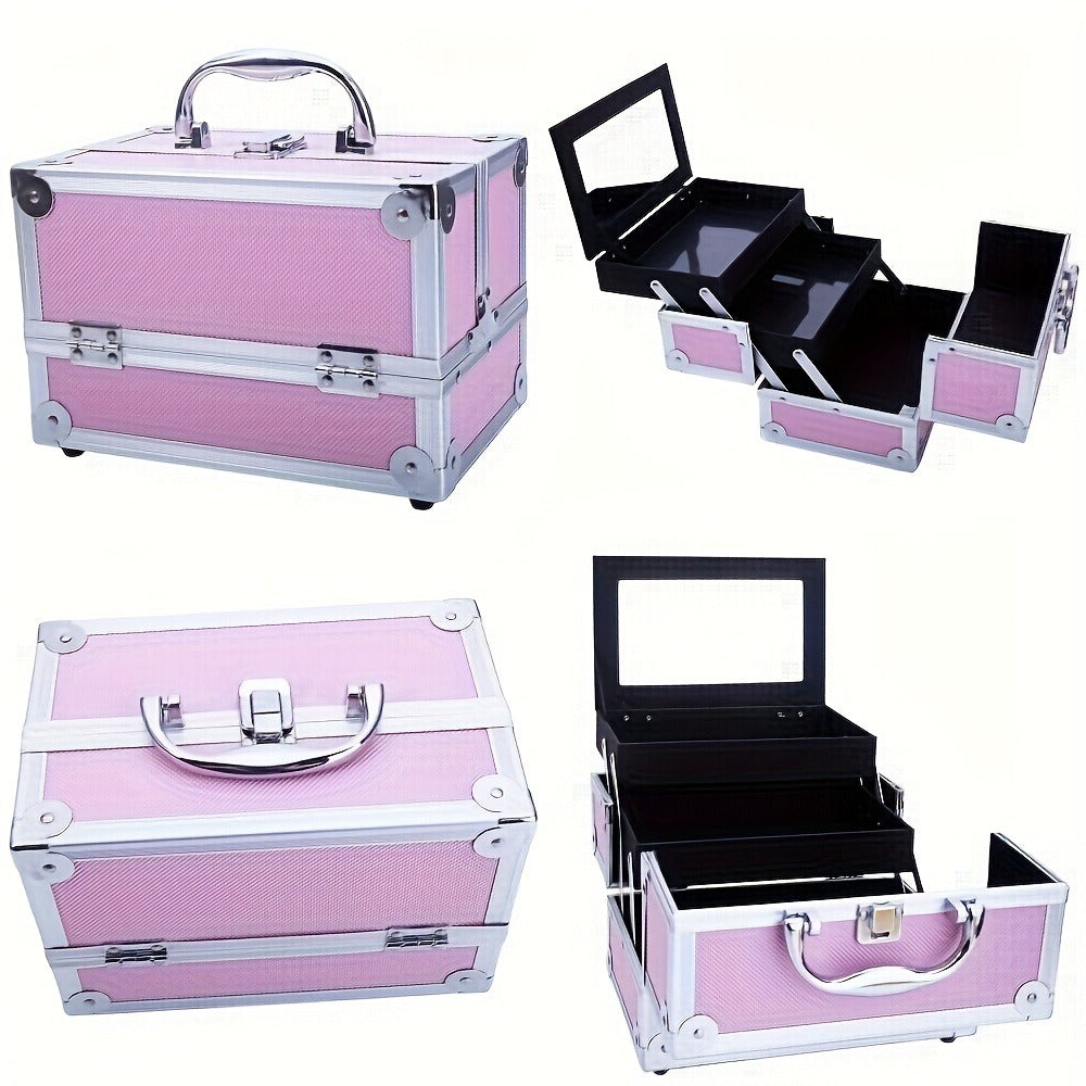 [With Wheels] 4in 1 Aluminum Cosmetic Professional Makeup Case Tattoo Box, Extra Large Cosmetic Case Rolling Makeup Case Trolley Makeup Travel Organizer with 360° Swivel Wheels Pink Black