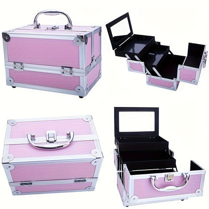 Rolling Makeup Case Aluminum Professional 4-in-1 Extra Large Cosmetic Case with 360° Swivel Wheels Trolley Makeup Travel Organizer for Artist Tattoo Black Pink Silver