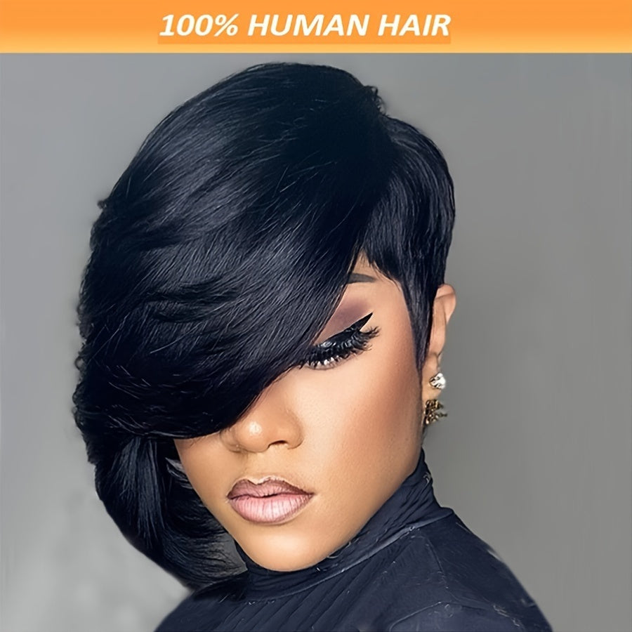 Short Pixie Cut Wig with Bangs 8 Inch Straight Virgin Layered Wigs Throw On and Go Glueless Wigs for Women Daily Party Wig