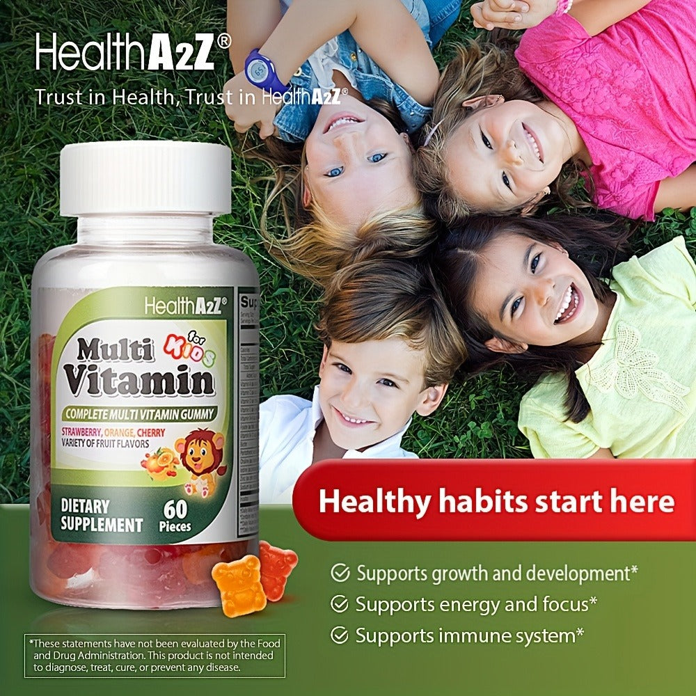 Kids Multivitamin Gummies 60ct | Brain, Eye, Bone & Immune Support | Boost Appetite & Growth | with D3, A, C, E, B6, B12, Folic Acid, Zinc & Choline | Great Taste
