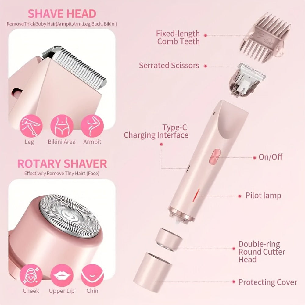 Electric Hair Trimmer 2-in-1 Rechargeable for Women - Dual Head Bikini Razor Face Shaver Body Arms Thighs USB Charging Stainless Steel Blade Cordless Hair Remover