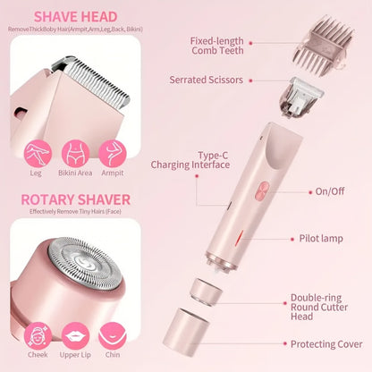 Electric Hair Trimmer 2-in-1 Rechargeable for Women - Dual Head Bikini Razor Face Shaver Body Arms Thighs USB Charging Stainless Steel Blade Cordless Hair Remover