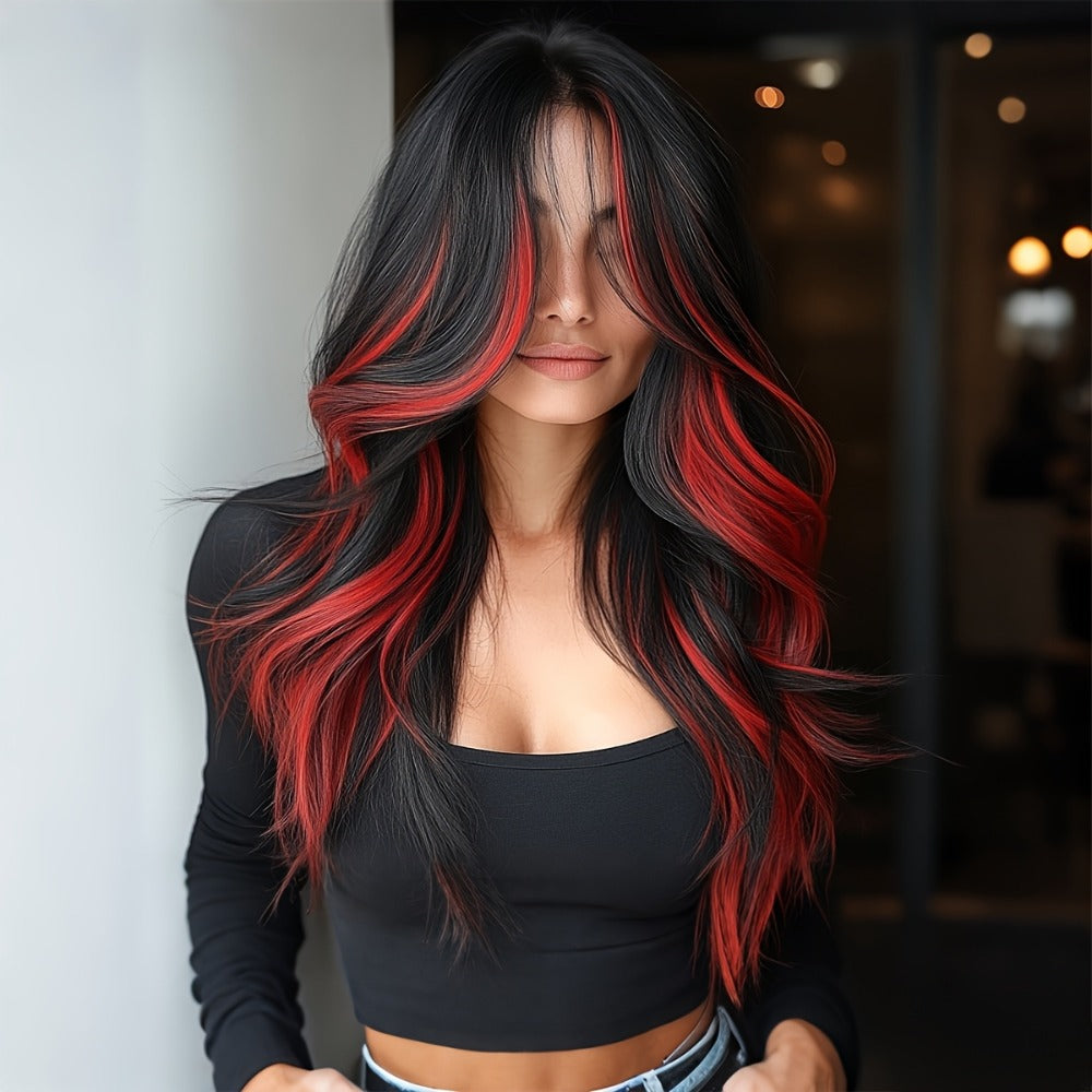 A 24-Inch Wig Featuring a Wine Red Gradient, Designed with a Rose Inner Mesh And Durable Color Retention Technology