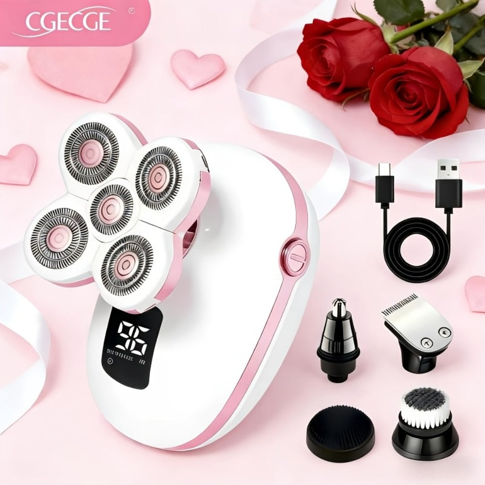 5-in-1 Men's/Women's Electric Shaver & Body Hair Trimmer USB Rechargeable, IPX6 Waterproof Versatile Grooming Kit for All Genders Includes Interchangeable Heads for Shaving, Hair Trimming, Sideburn Trimming, Facial Cleansing, And Nose Hair Trimming