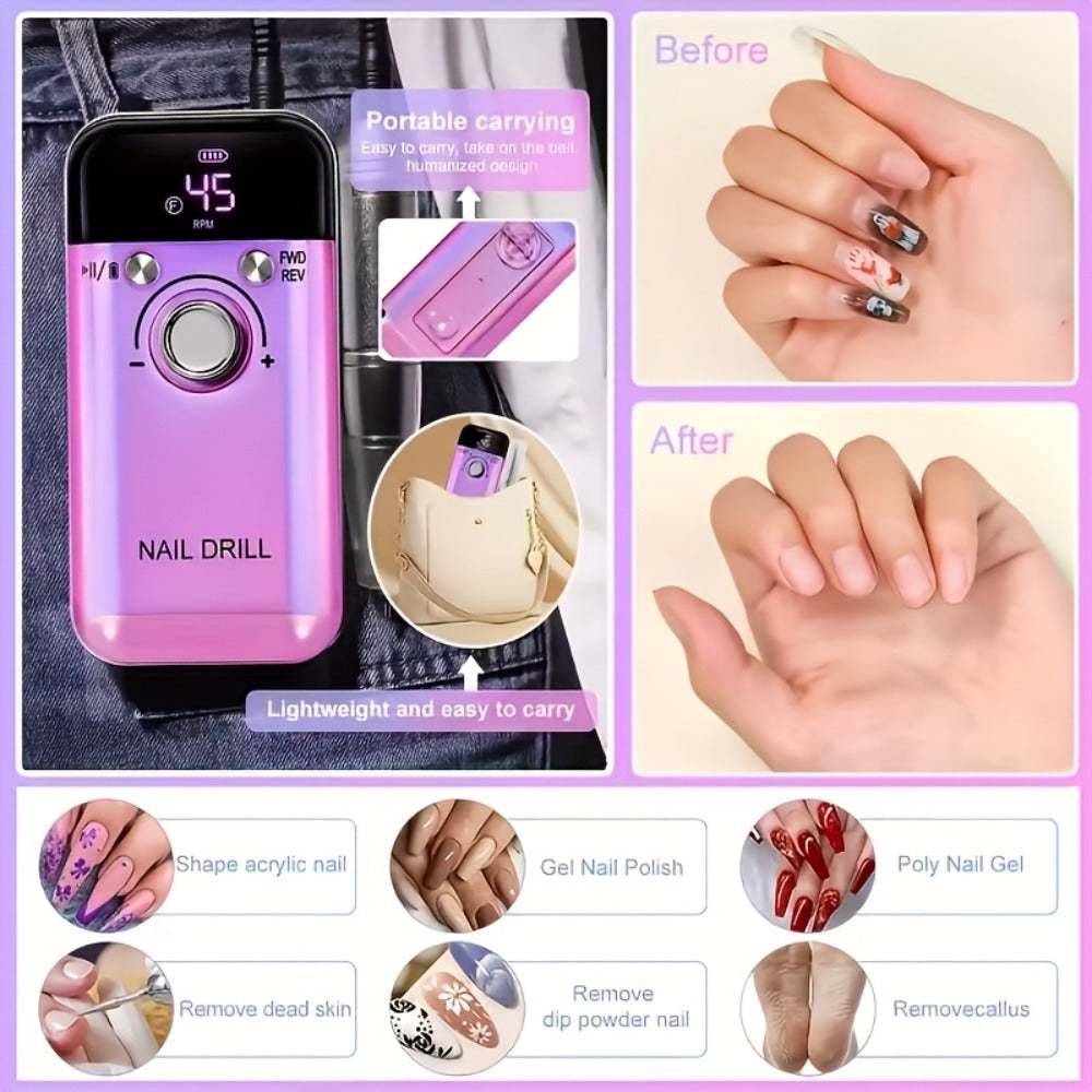 45000RPM Electric Nail Drill Machine with LCD Display Low Noise Rechargeable Nail File for Gel Polish Removal and Nail Polishing