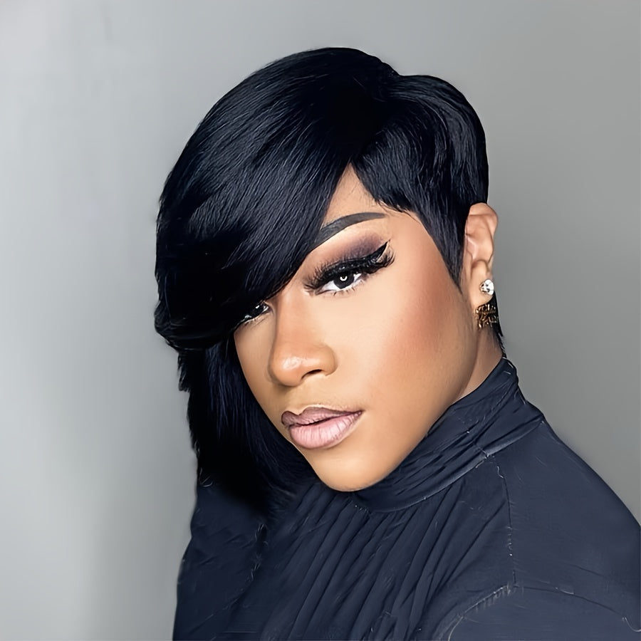 Short Pixie Cut Wig with Bangs 8 Inch Straight Virgin Layered Wigs Throw On and Go Glueless Wigs for Women Daily Party Wig