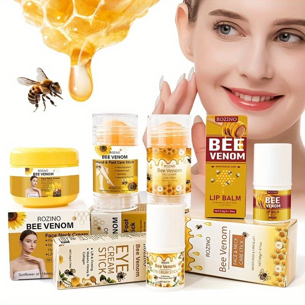 5pcs Bee Venom Care Set, Suitable For Lip, Face, Neck, Hands, Feet And Full-body Care. Moisturizing And Nourishing, Providing All-round Protection. Light And Non-greasy, Quickly Absorbed, Gentle And Non-irritating, Portable And Easy To Use