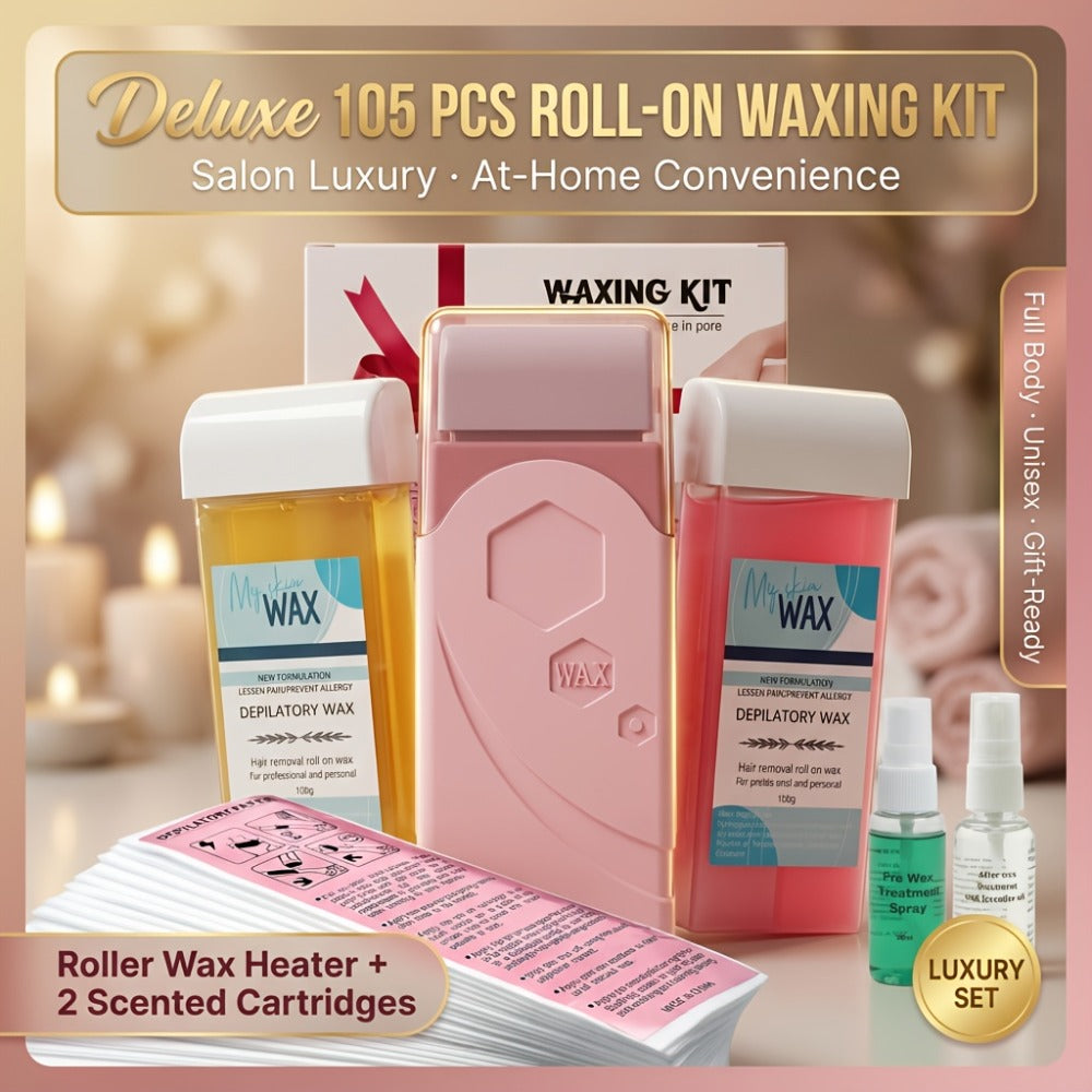 105 Items Luxury Roll on Wax Kit (2 X Wax Rollers, 1 X Roll on Wax Warmer, 100 X Strips, 1 X Lavender Oil, 1 X Spray), Pro-Grade Home Wax Machine And Wax Beads for Face/Brazilian/Full Body/Bikini/Sensitive