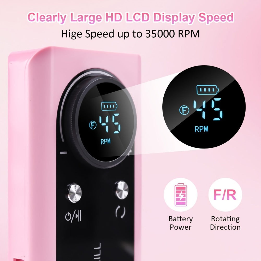 45000 RPM Adjustable Speed Nail Drill Professional Cordless Electric Nail File Low-noise Nail Manicure Machine for Women Buffing And Polishing Nail Tool Set with LCD Display for Nail Salon for Nail Care(Pink Purple White)