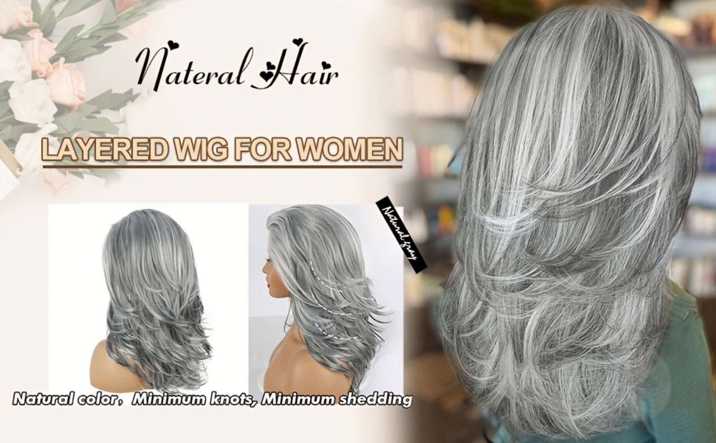 Grey Wig for Women Long Layered Silvery Wavy Synthetic Wig with Highlights 18 Inch Rose Net Cap Beginner Friendly Natural Look Daily Wear Party Cosplay