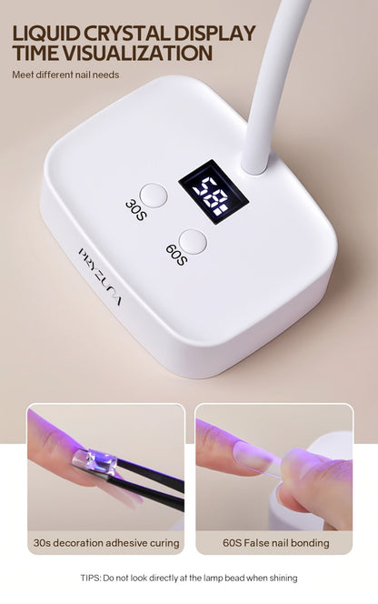 UV LED Nail Lamp Rechargeable Cordless Gel Nail Light Smart Sensor — 360° Gooseneck, LCD Display, 30s/60s Timer, Portable Type-C, Cures All Gel Nails, Salon & Home Use, White