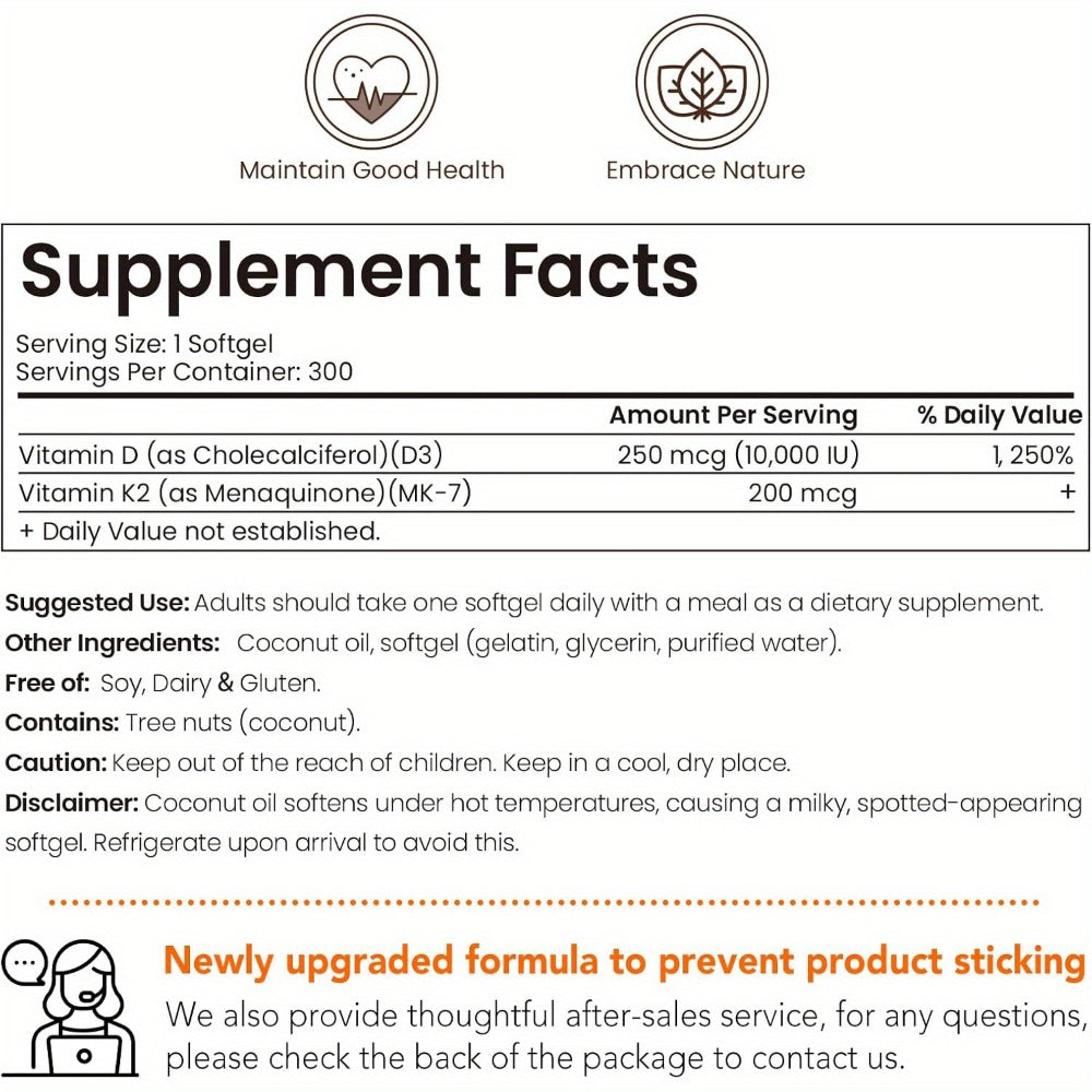 Vitamin K2 D3 Supplement, 10, 000 IU Vitamin D3 + 200 mcg Vitamin K2 MK7, Supports Bone, Immune Health, and Overall Vitality, 300 Softgels with Extra Virgin Coconut Oil